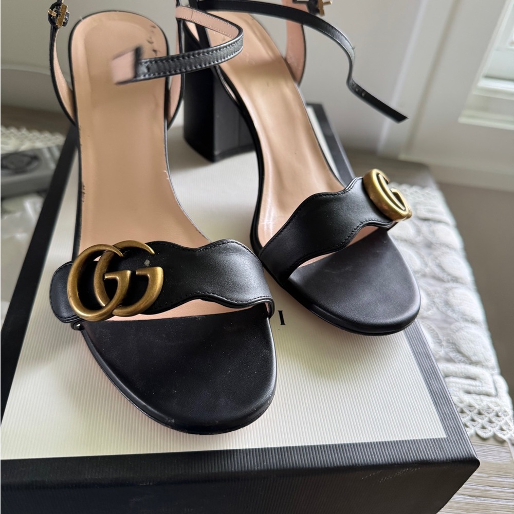 Gucci Marmont Black Leather Heels with Gold Iconic Design